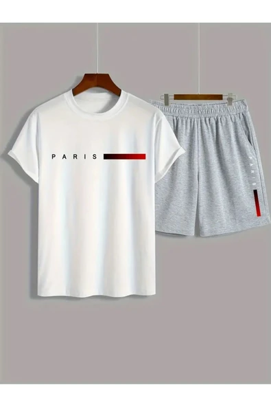 Oversize T-shirt Paris Baskılı Ünisex Yazlık T-shirt ve Şort 2 li Set Combin Takım - Resim 8