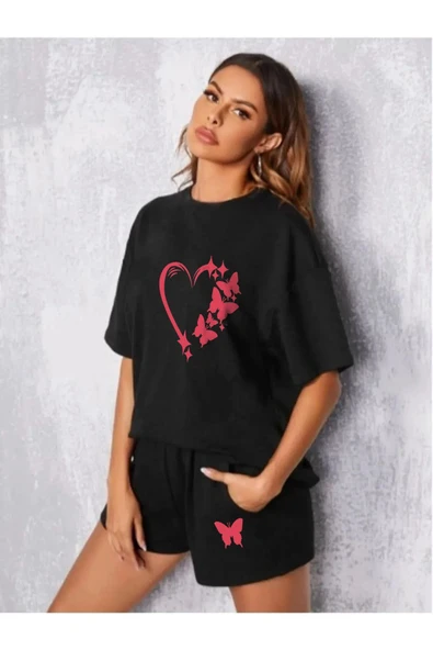 LUNAVISTA Kelebekli Kalp Baskılı Oversize Şort Tişört takımı - Resim 3