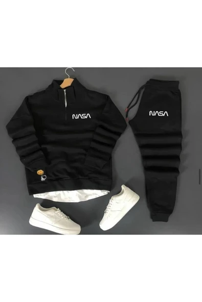Gri Renk Nasa Baskılı Unısex Eşofman Takımı Kapüşonlu