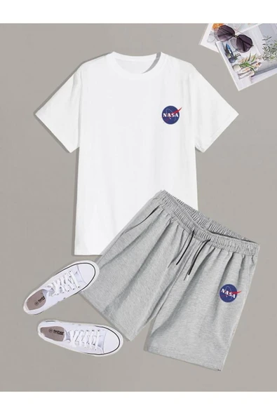 UNISEX mavı nasa logo şort tişört takımı