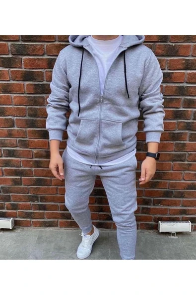 Unisex Baskısız Yeni Sezon Pamuklu Kapşonlu Fermuarlı Ceket Eşofman altı 2Li set