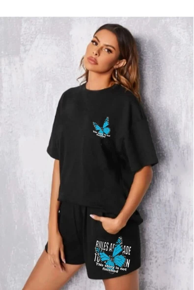 LUNAVISTA Kelebek Baskılı Oversize Şort Tişört takımı - Resim 3