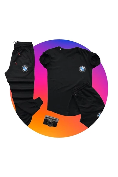 Bmw Baskılı Original Ünisex Yazlık T-shirt Ve Eşofman Altı 3 Li Set Combin Takım - Resim 2