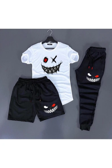 Smile Baskılı Beyaz Siyah Yazlık 3lü Kombin