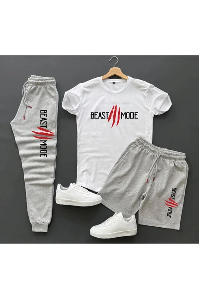 3'lü Unisex Kombin Smile Baskılı T-shirt, Şort Ve Eşorfman Kombin - 2