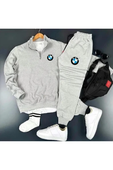 Yeni Sezon Bmw Logo Baskı Yarım Fermuarlı Sweatshirt-Eşofman Altı