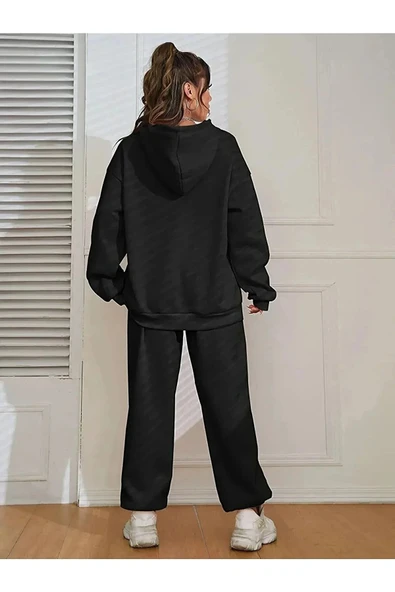 Kadın Kılıç Baskılı Kapüşonlu Sweatshirt Eşofman Alt Üst Takımı - 3