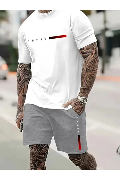 Oversize T-shirt Paris Baskılı Ünisex Yazlık T-shirt ve Şort 2 li Set Combin Takım - Resim 7