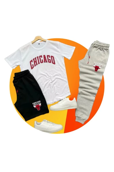 Chicago Baskılı Ünisex Yazlık Şort T-shirt Eşofman Altı 3 lü Set Combin Takım Gri