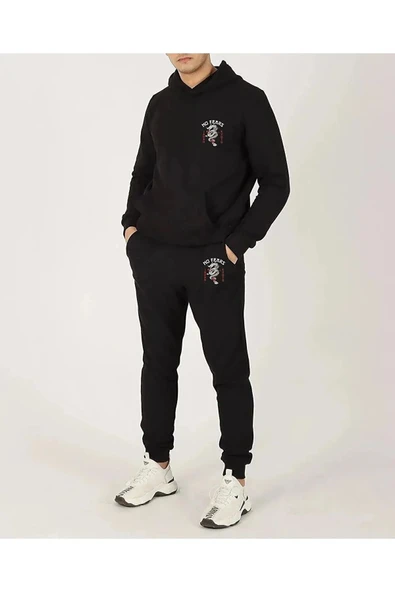Erkek NO Fears Dragon Baskılı Kapüşonlu Sweatshirt Alt-üst Takım - 2
