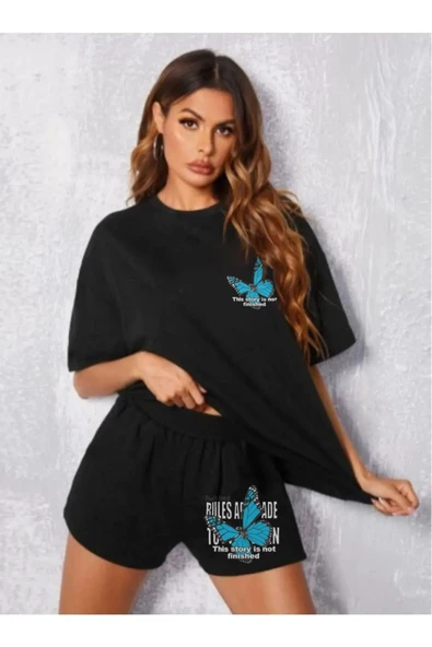 LUNAVISTA Kelebek Baskılı Oversize Şort Tişört takımı