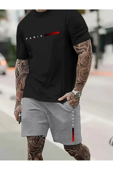 Oversize T-shirt Paris Baskılı Ünisex Yazlık T-shirt ve Şort 2 li Set Combin Takım - Resim 4