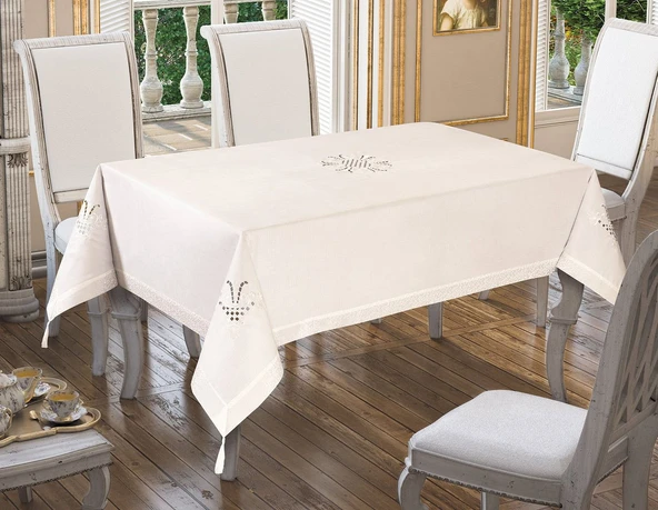MASA ÖRTÜSÜ PANO - LEKE TUTMAZ - 160x220 cm Nakışlı Krem-Krem
