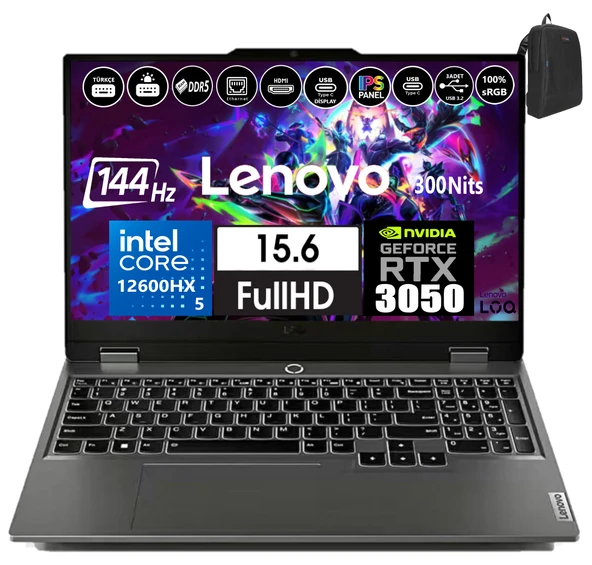 Lenovo Loq 15IAX9 Intel Core I5 12600HX 64GB Ddr5 2tb SSD 6GB/RTX3050 Freedos 15.6" 144Hz Fhd IPS 300NIT Taşınabilir Bilgisayar 883GS00PDTR15+WEBLEGELSINÇANTA