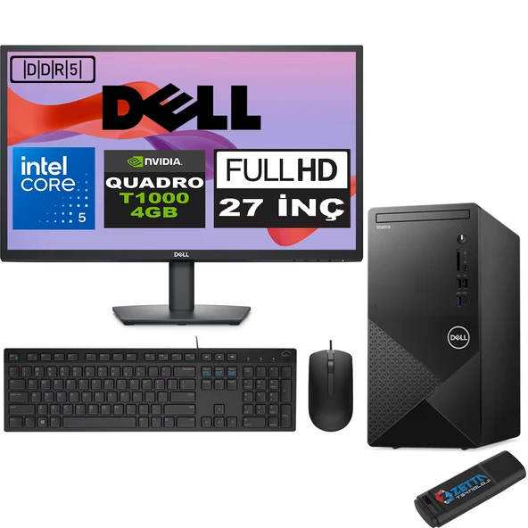 Dell Vostro 3030 mt Intel Core I5 12400 96GB Ddr5 256GB SSD 27" Fhd Ubuntu Quadro T1000-4GB Masaüstü Bilgisayar 27N3030I5T1000U01 + Zetta USB Bellek