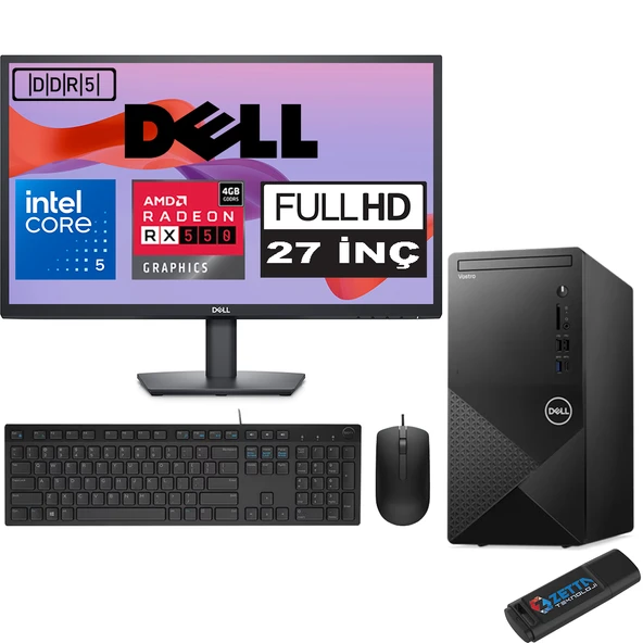 Dell Vostro 3030 mt Intel Core I5 12400 64GB Ddr5 256GB SSD 27" Fhd Windows 11 Pro Amd RX550-4GB Masaüstü Bilgisayar 27N3030I5RX550P26 + Zetta USB Bellek