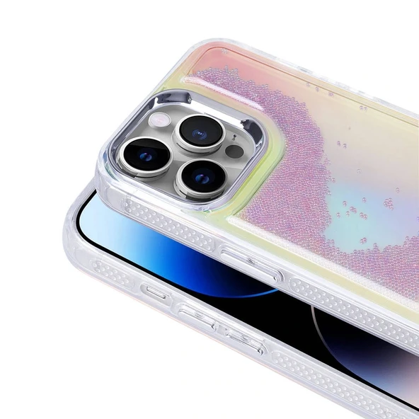 iPhone 14 Pro Max Kılıf Airbagli Renkli Arka Yüzey Boncuk Tasarımlı Kumul Kapak - 4