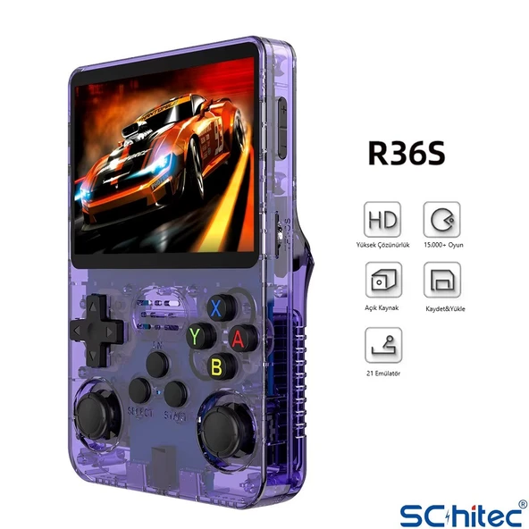 ScHitec 3.5 Inç OTG Çıkışlı Taşınabilir Retro Oyun Konsolu 15000+ Oyunlu El Atari Şeffaf Mor R36S - 3