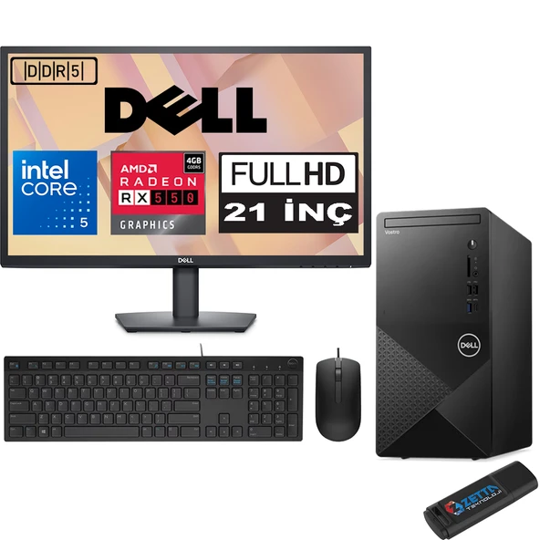 Dell Vostro 3030 mt Intel Core I5 12400 48GB Ddr5 256GB SSD 21.5" Fhd Windows 11 Pro Amd RX550-4GB Masaüstü Bilgisayar 21N3030I5RX550P21 + Zetta USB Bellek