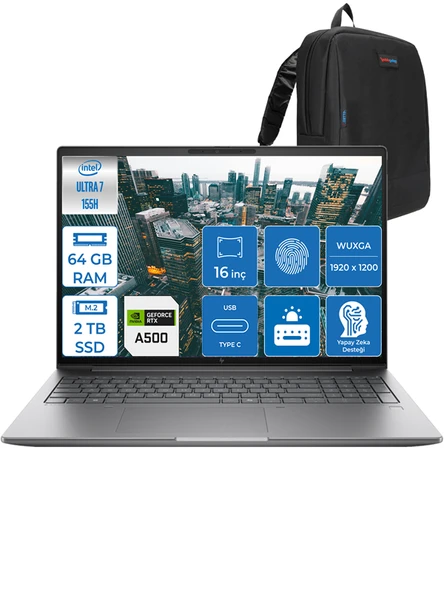 Zbook Power 16 G11 Intel Core Ultra 7 155H 64GB Ddr5 2tb SSD 16" IPS Wuxga 4GB/RTXA500 Windows 11 Pro Dizüstü Bilgisayar HP8T0U2EAP18 + Zettaçanta