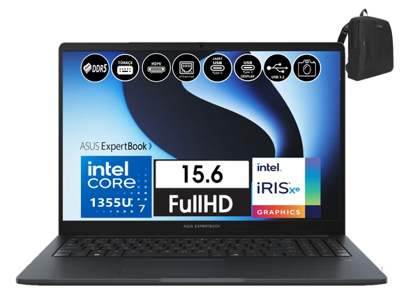 Asus Expertbook B1 B1503CVA Intel Core I7-1355U 16GB Ddr5 1tb SSD WINDOWS11HOME 15.6 Fhd Intel Iris Xe Graphic Taşınabilir Bilgisayar WI716G512B1DH08+ZETTAÇANTA