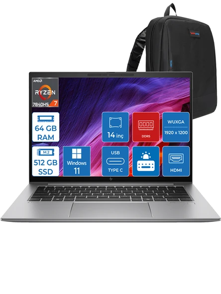 Zbook Firefly 14 G10 Ryzen 7 7840HS 64GB Ddr5 512GB SSD 14" IPS Wuxga Radeon Graphics Windows 11 Pro Dizüstü Bilgisayar HP865R6EAP16 + Zettaçanta