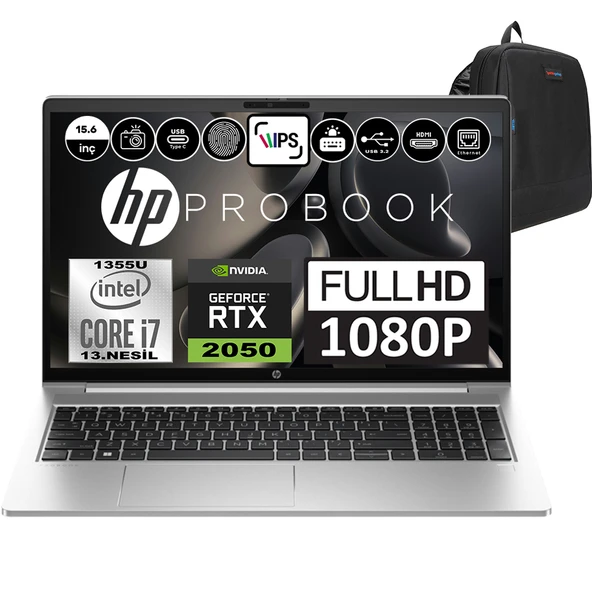 Hp Probook 450 G10 Intel Core I7 1355U 16GB 1tb SSD RTX2050-4GB Windows 11 Pro 15.6" Fhd Taşınabilir Bilgisayar 816A3EAP03 + Weblegelsin Çanta