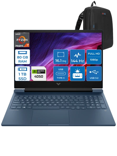 Victus 16-S0022NT Ryzen 7 7840HS 80GB Ddr5 1tb SSD 6GB/RTX4050/120W 16.1" 144Hz IPS Fhd Freedos Taşınabilir Bilgisayar HP7Z588EAF21 + Zettaçanta