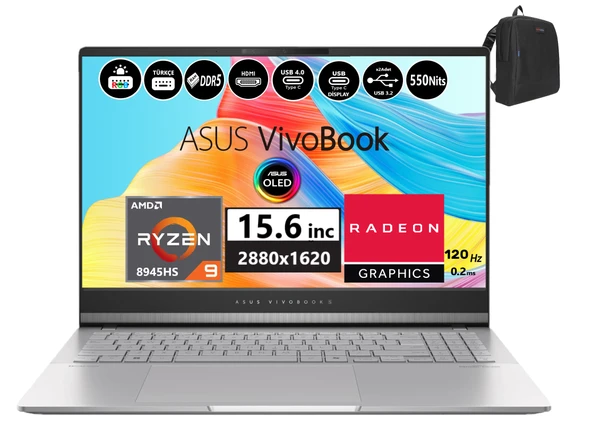 Asus Vivobook S 15 WM5506UA-MA043 Amd Ryzen 9 8945HS 32GB 4tb SSD Freedos 15.6" 3k OLED 550NITS 0.2ms Taşınabilir Bilgisayar WMA04305+ZETTAÇANTA