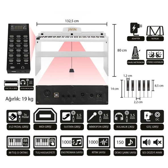 Jwin SDP-92 Tuş Hassasiyetli 88 Tuşlu Kapaklı Dijital Piyano + Tabure - Beyaz - 2