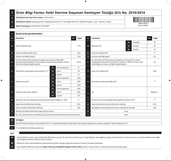 LG F4Y7EYWYW 11 Kg 1400 Devir Beyaz Çamaşır Makinesi - Resim 5