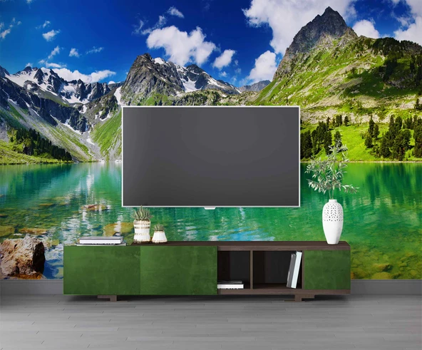 Karlı Dağ ve Göl Manzaralı Duvar Kağıdı - Resim 3