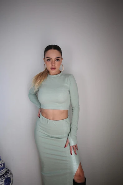 Basic Düz Renk Maxi Etek Crop Kazak Takım - 6