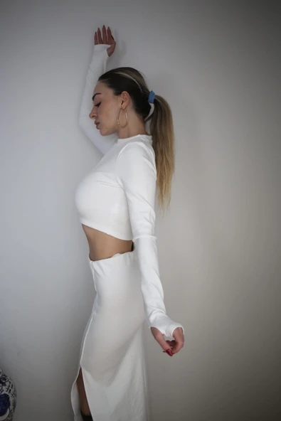 Basic Düz Renk Maxi Etek Crop Kazak Takım - 5