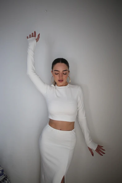 Basic Düz Renk Maxi Etek Crop Kazak Takım - 2