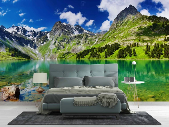 Karlı Dağ ve Göl Manzaralı Duvar Kağıdı - Resim 2