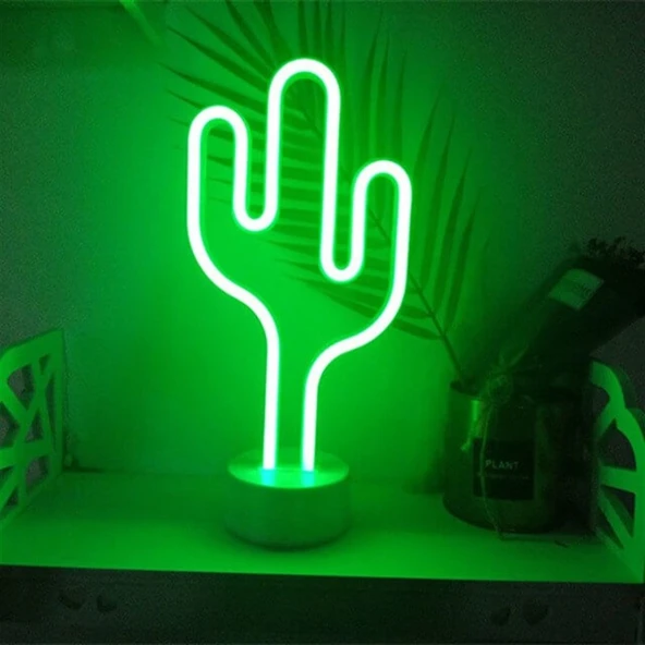 Neon Işıklı Kaktüs Masa Gece Lambası USB ve Pilli TdrTR