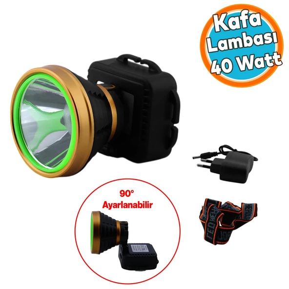 Kafa Lambası 40 W Şarjlı Ledli Pilli Kamp Küçük Başlı Kafa Feneri 3 Fonksiyonlu 16 Saat Işık Süresi