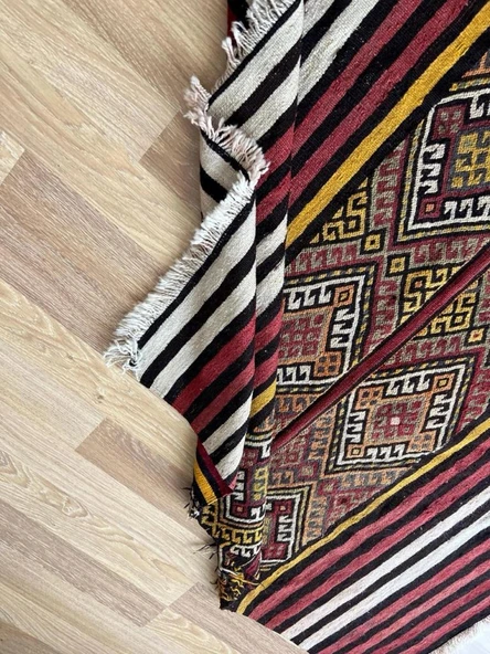 122x125 cm Çizgili Türk Kilim, Ender Bulunan Akrep Motifli El Dokuma Kilim, Yumuşak ve Şık Zemin Halısı - 7