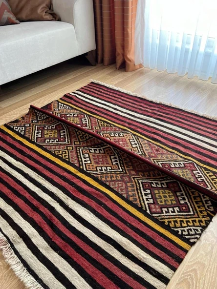122x125 cm Çizgili Türk Kilim, Ender Bulunan Akrep Motifli El Dokuma Kilim, Yumuşak ve Şık Zemin Halısı - 8