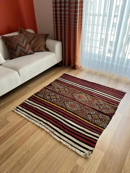 122x125 cm Çizgili Türk Kilim, Ender Bulunan Akrep Motifli El Dokuma Kilim, Yumuşak ve Şık Zemin Halısı - 4