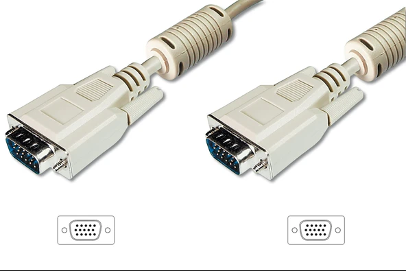 VGA Monitör Kablosu, DSUB 15 erkek <=> DSUB 15 erkek, 10 metre, CU, 3Coax/7C, AWG28, 2x ferrite filtreli, UL, bej renk