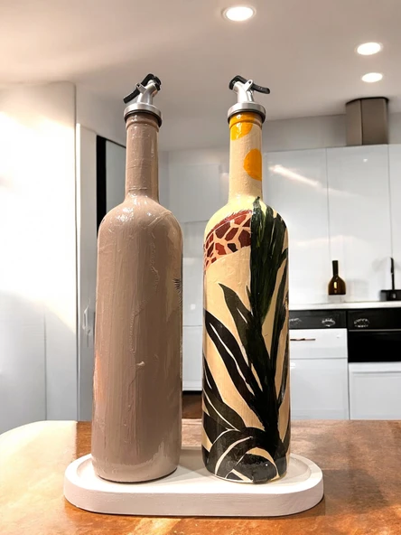 El Yapımı Dekoratif Yağdanlık, Afro Kadın ve Tropikal Yaprak Desenli Zeytinyağı, Sirkelik, Sosluk Seti - 8