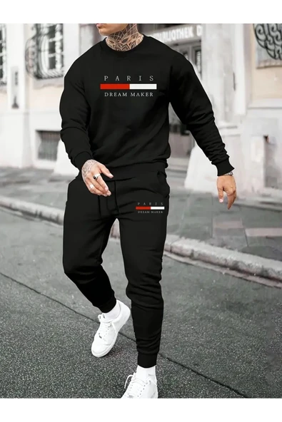 Eşofman Takımı Paris baskılı Unisex kışlık Kalın pamuklu Sweatshirt ve Eşofman altı 2' li set