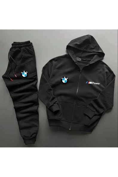 Spor Eşofman Takımı Bmw Mpower Baskılı Fermuarlı Pamuklu Ceket- Eşofman Altı 2 'li Takım Unisex - 2