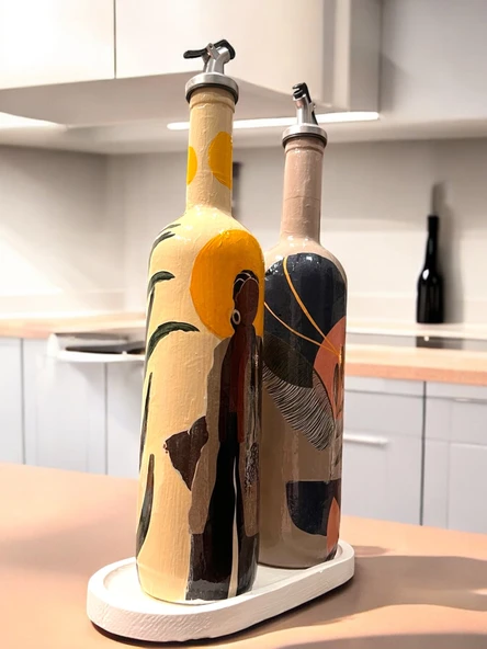 El Yapımı Dekoratif Yağdanlık, Afro Kadın ve Tropikal Yaprak Desenli Zeytinyağı, Sirkelik, Sosluk Seti - 4