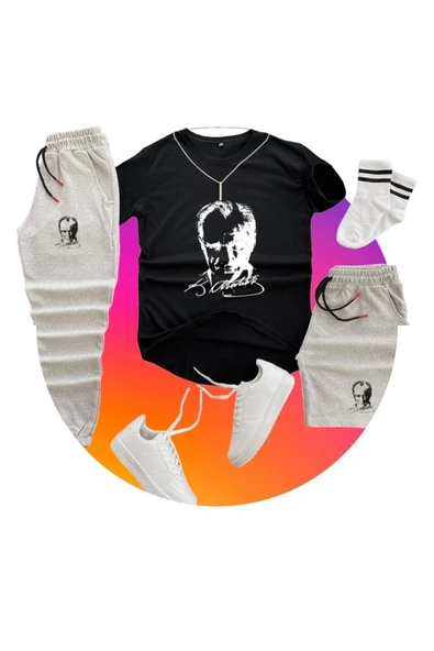 Mustafa Kemal Atatürk Baskılı Original Ünisex Yazlık Şort T-shirt Eşofman Altı 3 Lü Set Combin Takım - Resim 5