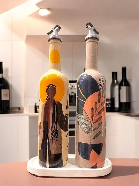 El Yapımı Dekoratif Yağdanlık, Afro Kadın ve Tropikal Yaprak Desenli Zeytinyağı, Sirkelik, Sosluk Seti - 6