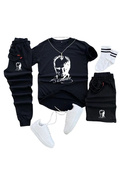 Mustafa Kemal Atatürk Baskılı Original Ünisex Yazlık Şort T-shirt Eşofman Altı 3 Lü Set Combin Takım - Resim 7