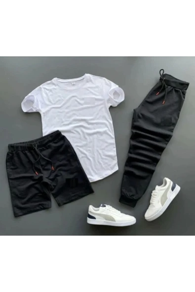 Baskısız Original Ünisex Yazlık Şort T-shirt Eşofman Altı 3 lü Set Combin Takım